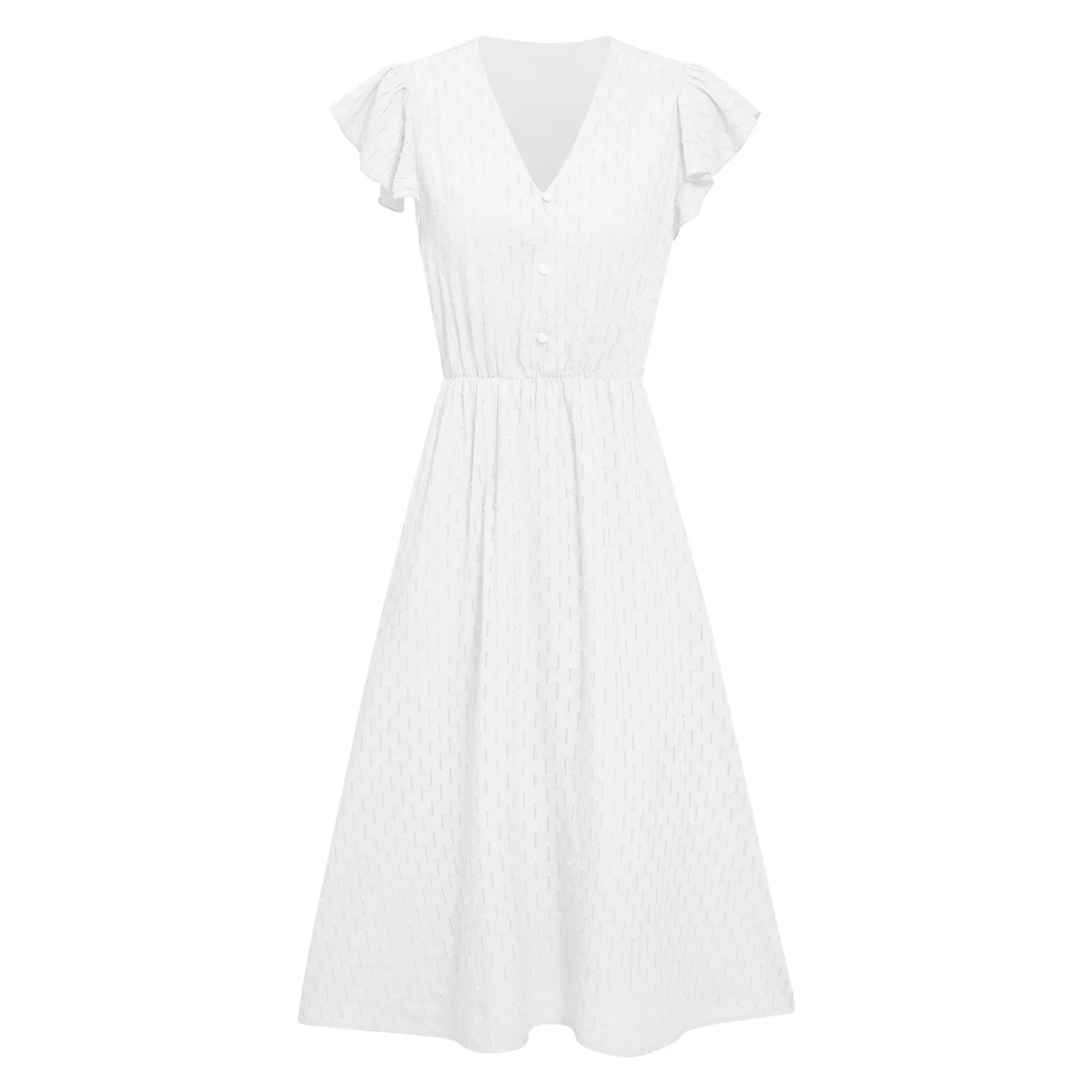 Women Flutter Sleeve V Neck Buttoned Dress - Image 6