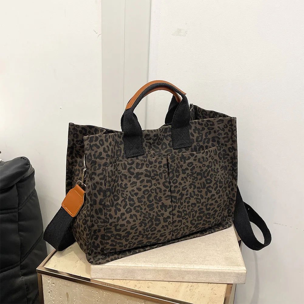 Leopard Print Canvas Shoulder Bag – Pockets, Casual Work & Travel Briefcase for Women - Image 3