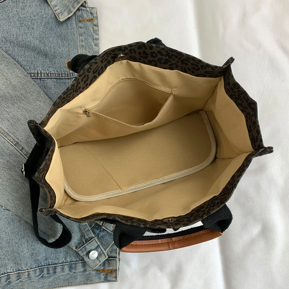 Leopard Print Canvas Shoulder Bag – Pockets, Casual Work & Travel Briefcase for Women - Image 4