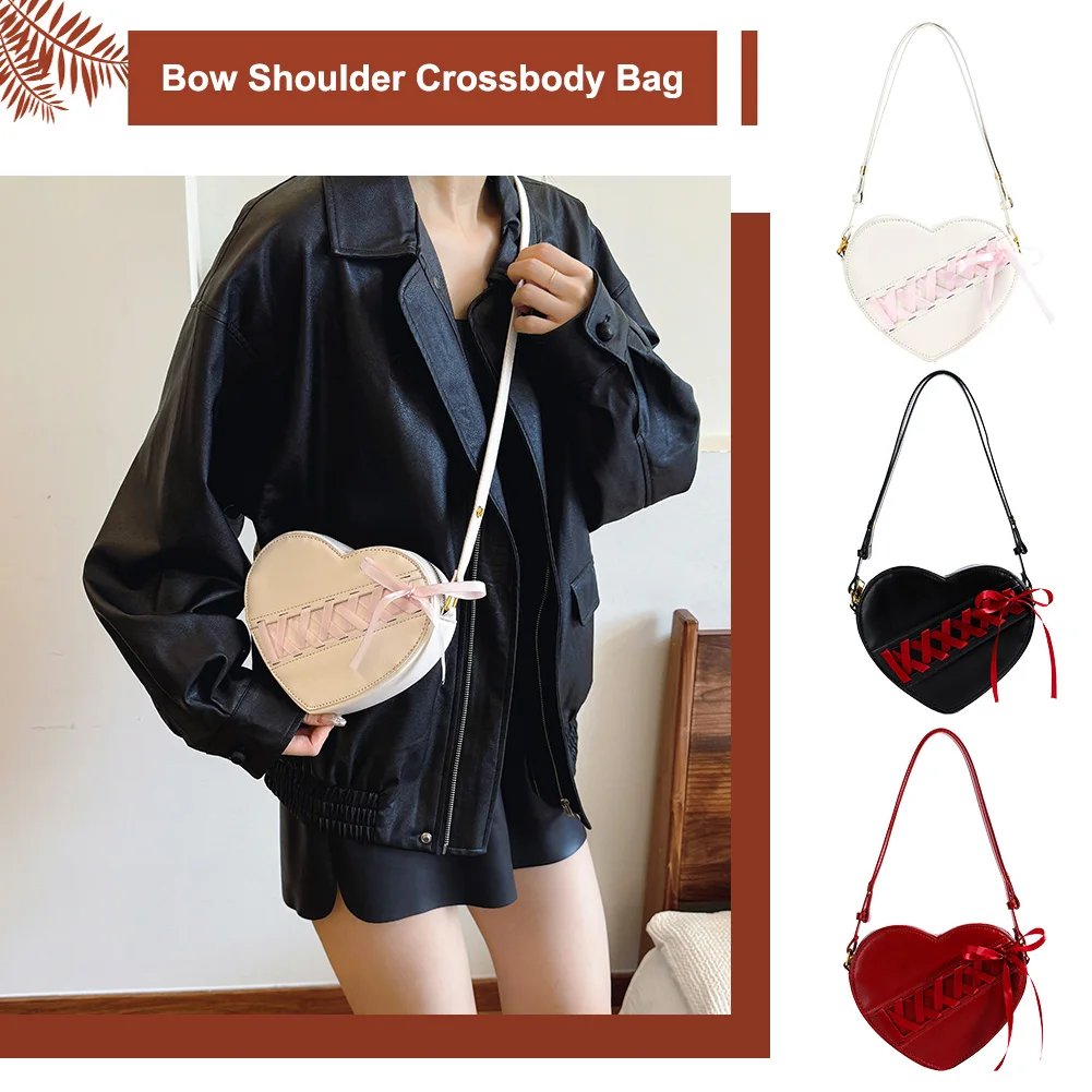 Ribbon Heart-Shaped Tote – PU Leather Crossbody & Shoulder Bag for Women & Girls