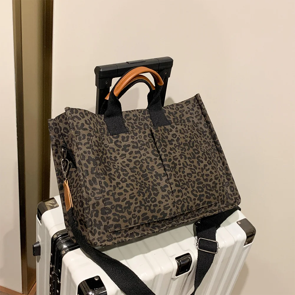 Leopard Print Canvas Shoulder Bag – Pockets, Casual Work & Travel Briefcase for Women - Image 2