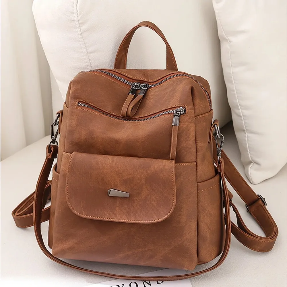 Waterproof PU Leather Backpack Purse for Women – Brown Casual Shoulder Bag