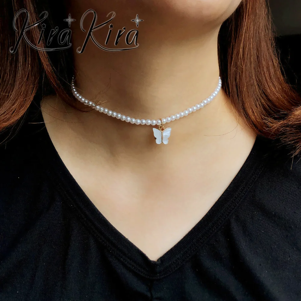 Elegant White Pearl Choker Necklace with Butterfly for Women - Wedding Charm Jewelry - Image 3