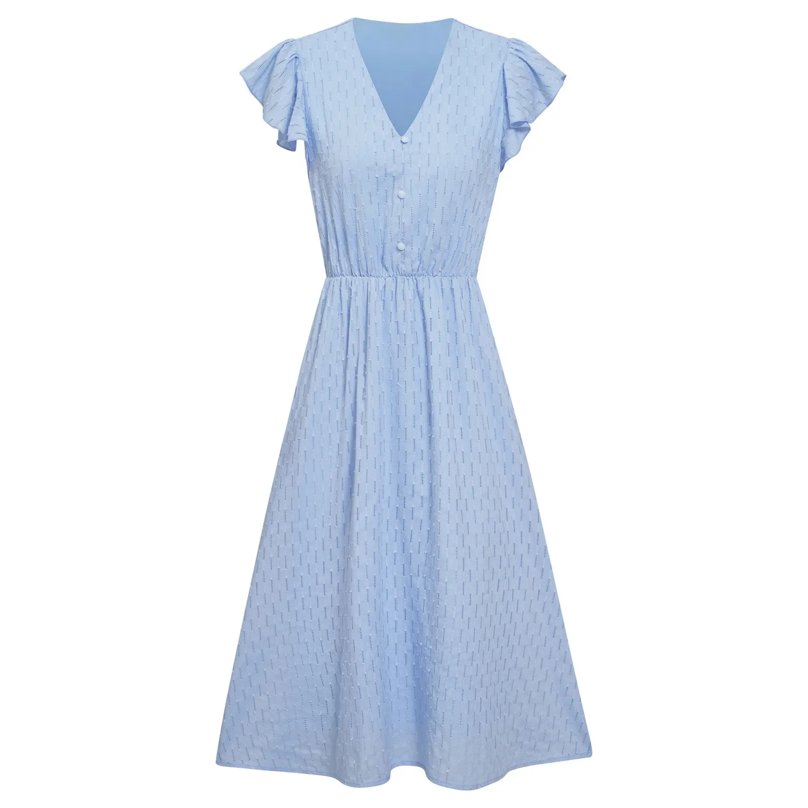 Women Flutter Sleeve V Neck Buttoned Dress - Image 5