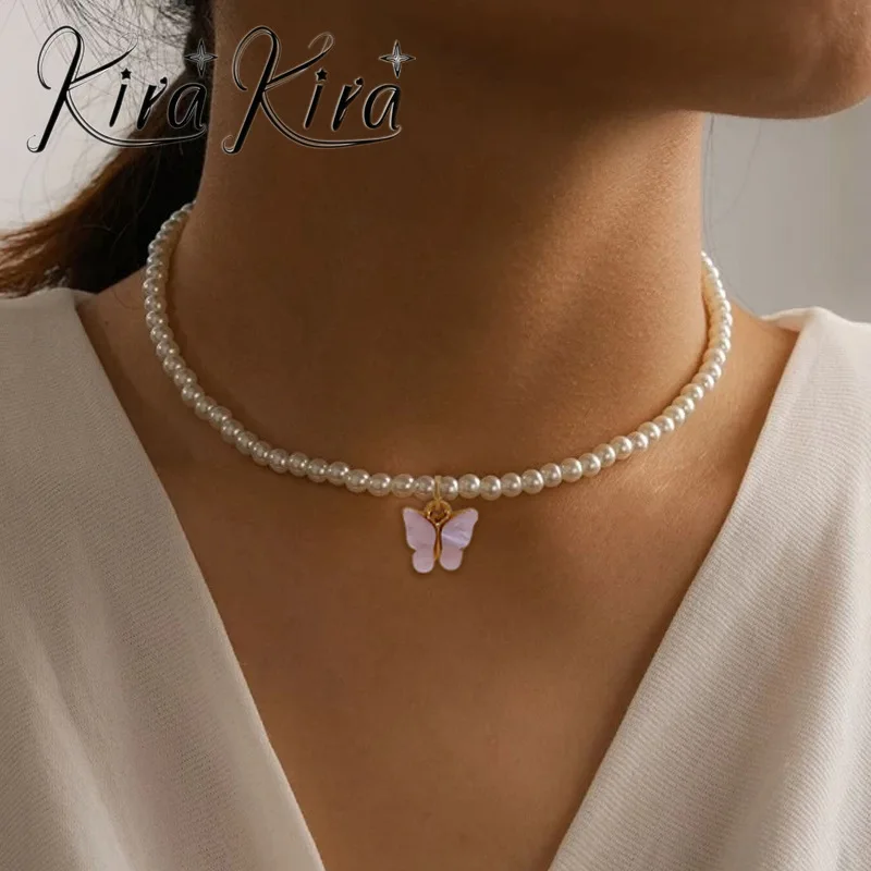 Elegant White Pearl Choker Necklace with Butterfly for Women - Wedding Charm Jewelry - Image 2
