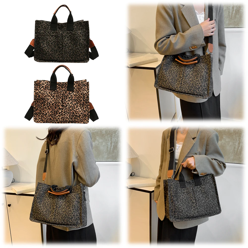 Leopard Print Canvas Shoulder Bag – Pockets, Casual Work & Travel Briefcase for Women
