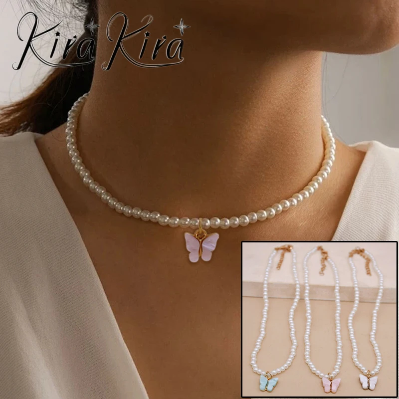 Elegant White Pearl Choker Necklace with Butterfly for Women - Wedding Charm Jewelry